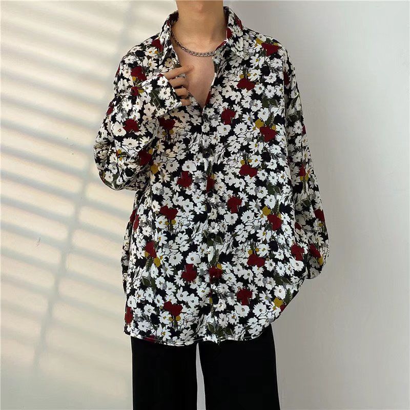 maoxiangshop Men's Clothing Turn-down Collar Handsome Long Sleeve Button Spring Summer Thin Man Printing Loose Streetwear Casual Korean