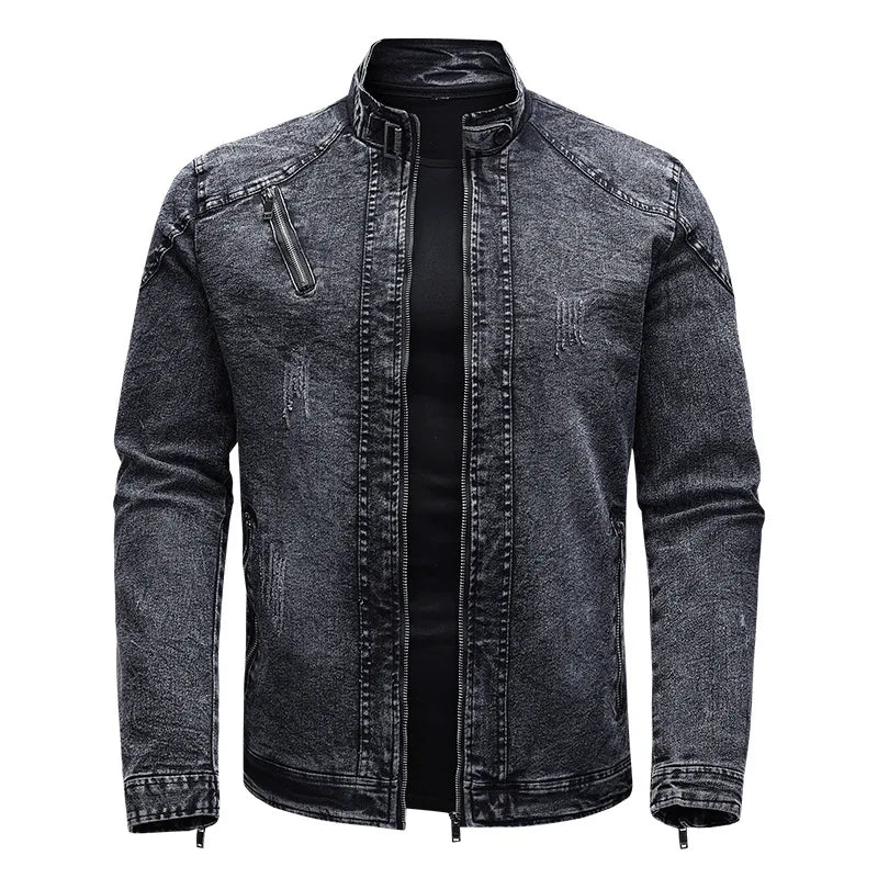 maoxiangshop New Motorcycle Denim Jacket Men Retro Zippers Stand Collar Denim Coats Mens Cotton Slim Fit Denim Jacket Moto Biker Outerwear