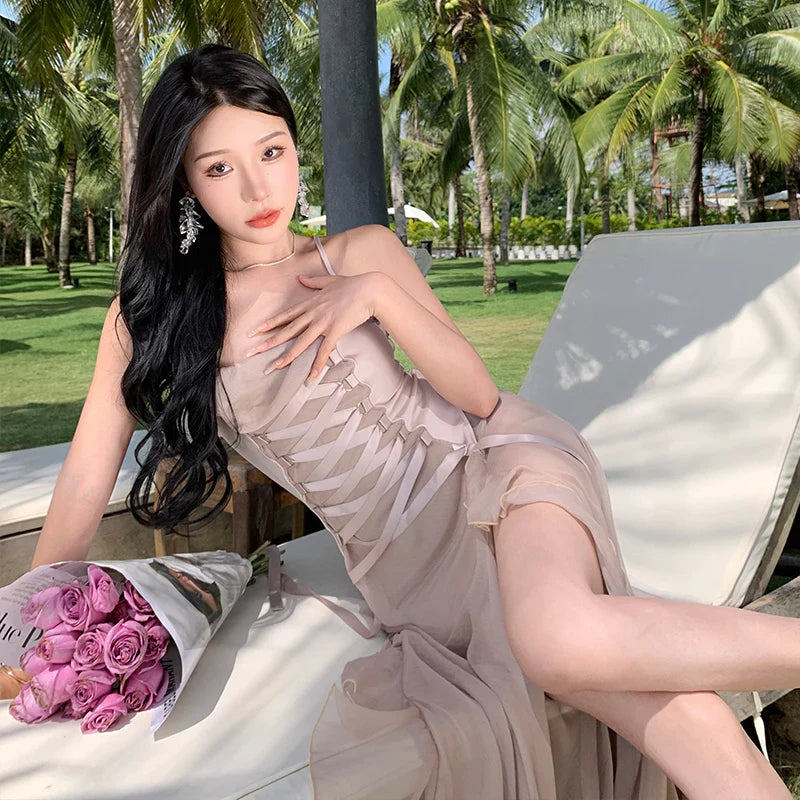 maoxiangshop Maxi Long Dresses for Women New Summer Elegant Spaghetti Strap Slim Split Ruffle Female Clothes Beach Holiday Bandage Dress