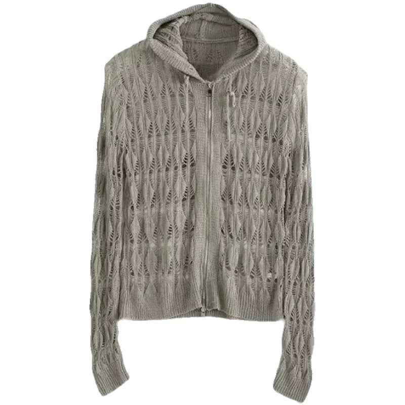 Harajuku Zip Up Hooded Cardigan Women Japanese Y2k Style Hollow Crop Sweater Vintage Gray Thin Knitted Long Sleev Tops