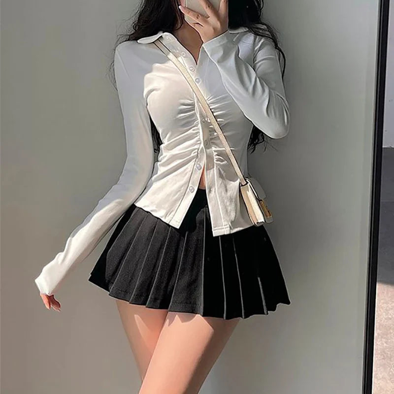 maoxiangshop Pleated Skirt with Shorts Women Sexy High Waist Grey A-line Korean Style Gyaru Mini Tennis Skirt School Girl Summer