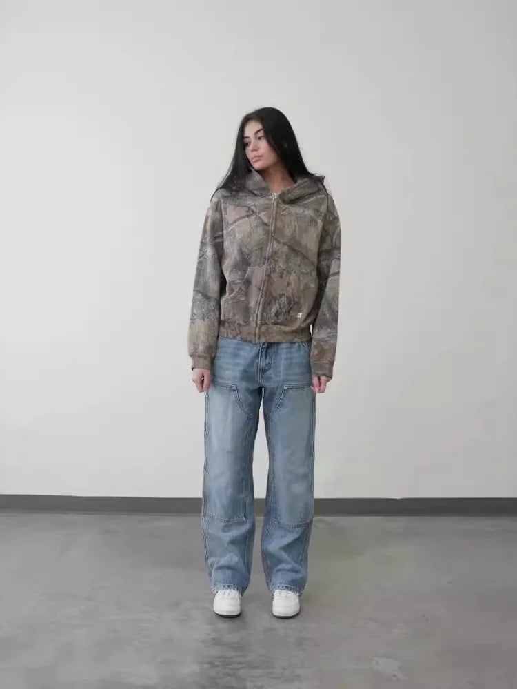 maoxiangshop Y2k Aesthetic Streetwear Hoodies Women American Retro Camo Print Grunge Punk Hip Hop Zipper Hooded Sweatshirt Chic