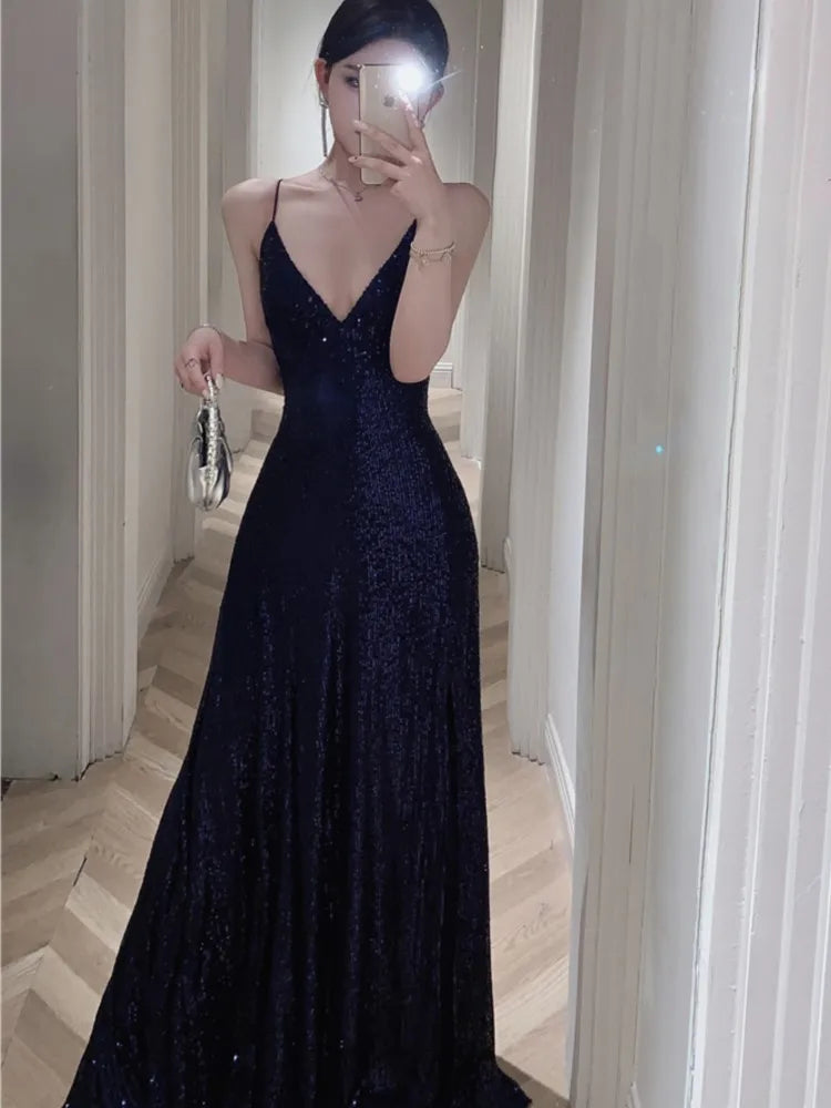 maoxiangshop DRESS TO IMPRESS Sexy Backless Evening Party Long Dresses for Women V-Neck Split Slim Spring Summer Luxury Sequins Prom Robe Birthday Vestido New