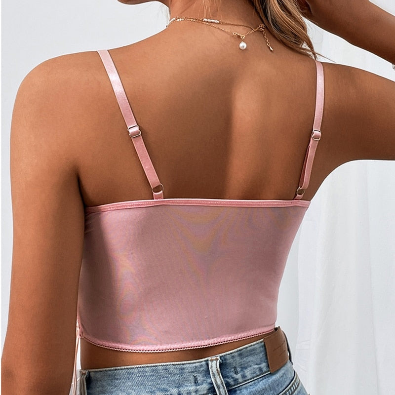maoxiangshop Women Sexy Pink Tank Top Flower Embroidery V-neck Summer Slim Camisole Female Tie-Up Crop Tank Tops Vest Spaghetti Straps Camis