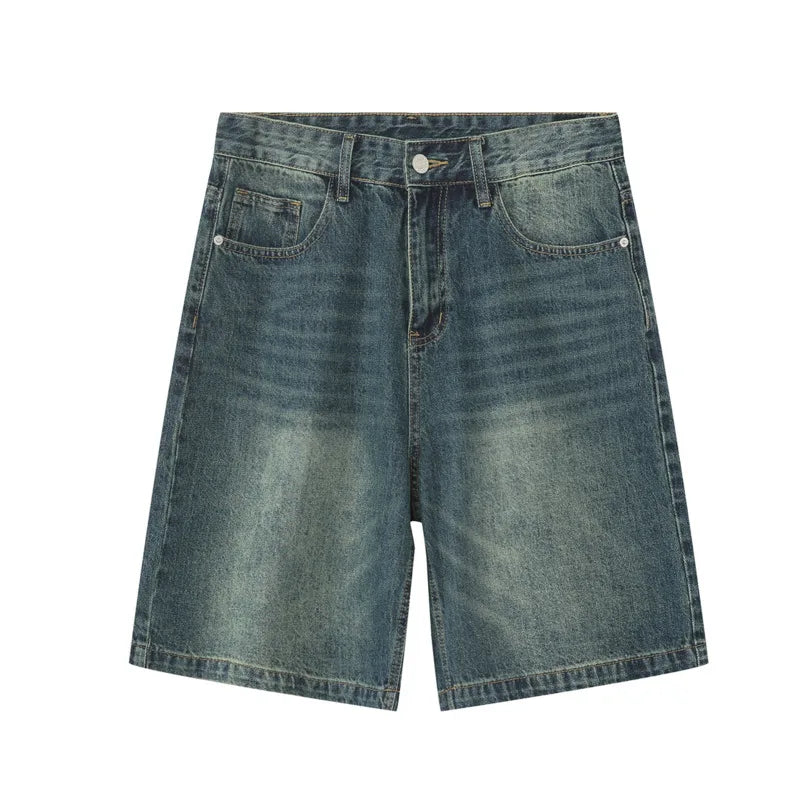 maoxiangshop Summer Denim Shorts Men's Loose Korean Style Retro Short Jeans Fashion Washed Casual Knee Length Pant New Streetwear