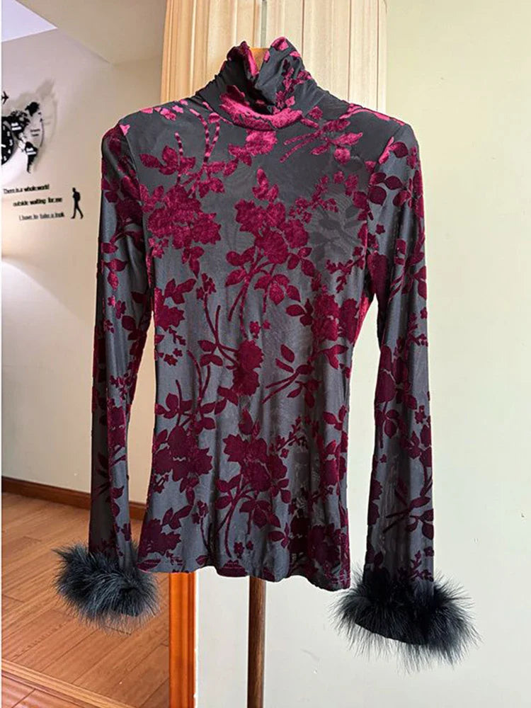maoxiangshop - Long Sleeve T-Shirt Women High Neck Print Velvet Slim 2024 Winter New Basic Pullover Fashion T Shirts