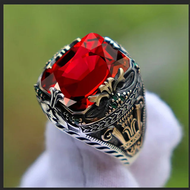 maoxiangshop Retro Handmade Turkish Signet Rings for Men Ancient Silver Color Carved Ring Mystic Zircon Inlay New Punk Motor Biker Ring