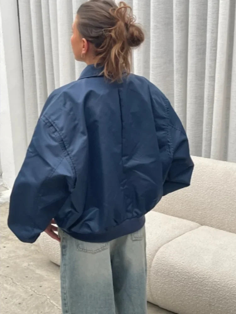 maoxiangshop - Fashion Zipper Lapel With Pockets Bomber Jacket Women Casual Solid Long Sleeves Short Coats 2024 Autumn Lady Street Outerwear