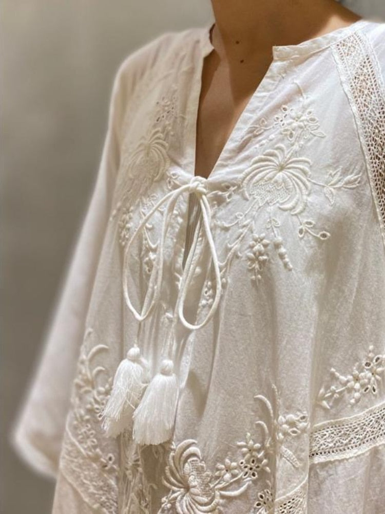 Women's Summer Dress Loose Embroidered White Lace V-Neck Long Beach Dress Elegant Dress Holiday Women's White Dress