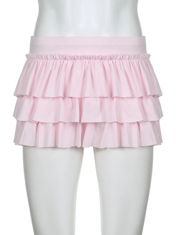 New Pink Casual Sweet Solid Bow A-Line Skirt with Skirt Slim Low-Waisted Mini Skirts Women Fashion Streetwear Ladies Chic
