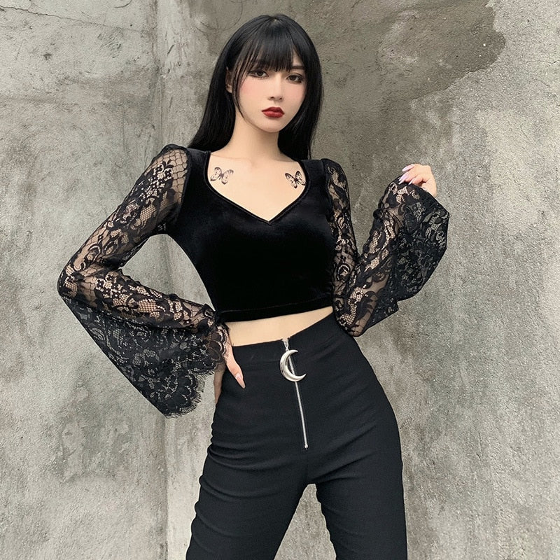 maoxiangshop 90s Vintage Velvet Black Crop Top Elegant Lady Lace Flare Sleeve V Neck T-shirt Harajuku Grunge Retro Tees Women Gothic Clothes