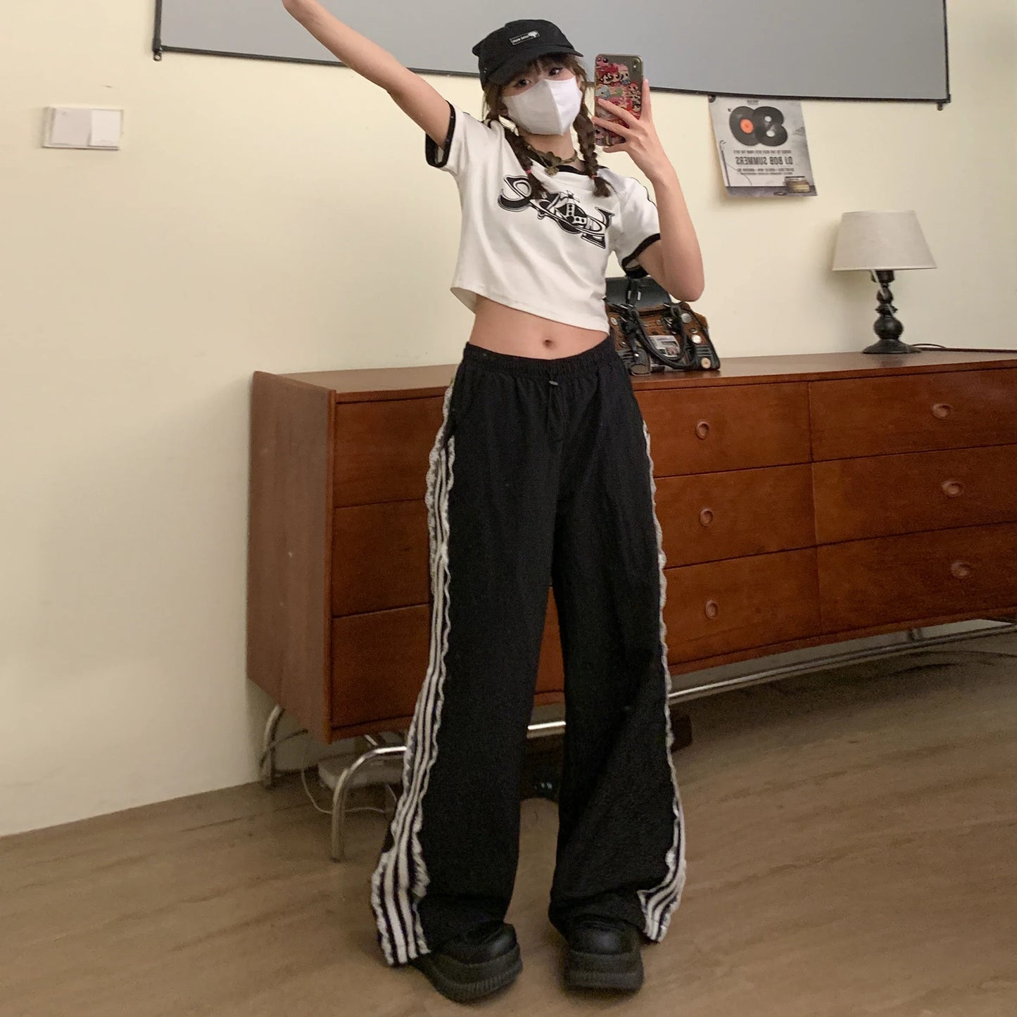 maoxiangshop - Women New Black Gothic Baggy Striped Pants 90s Vintage Oversize Y2k Trousers Streetwear Korean Harajuku Parachute Pants Clothes