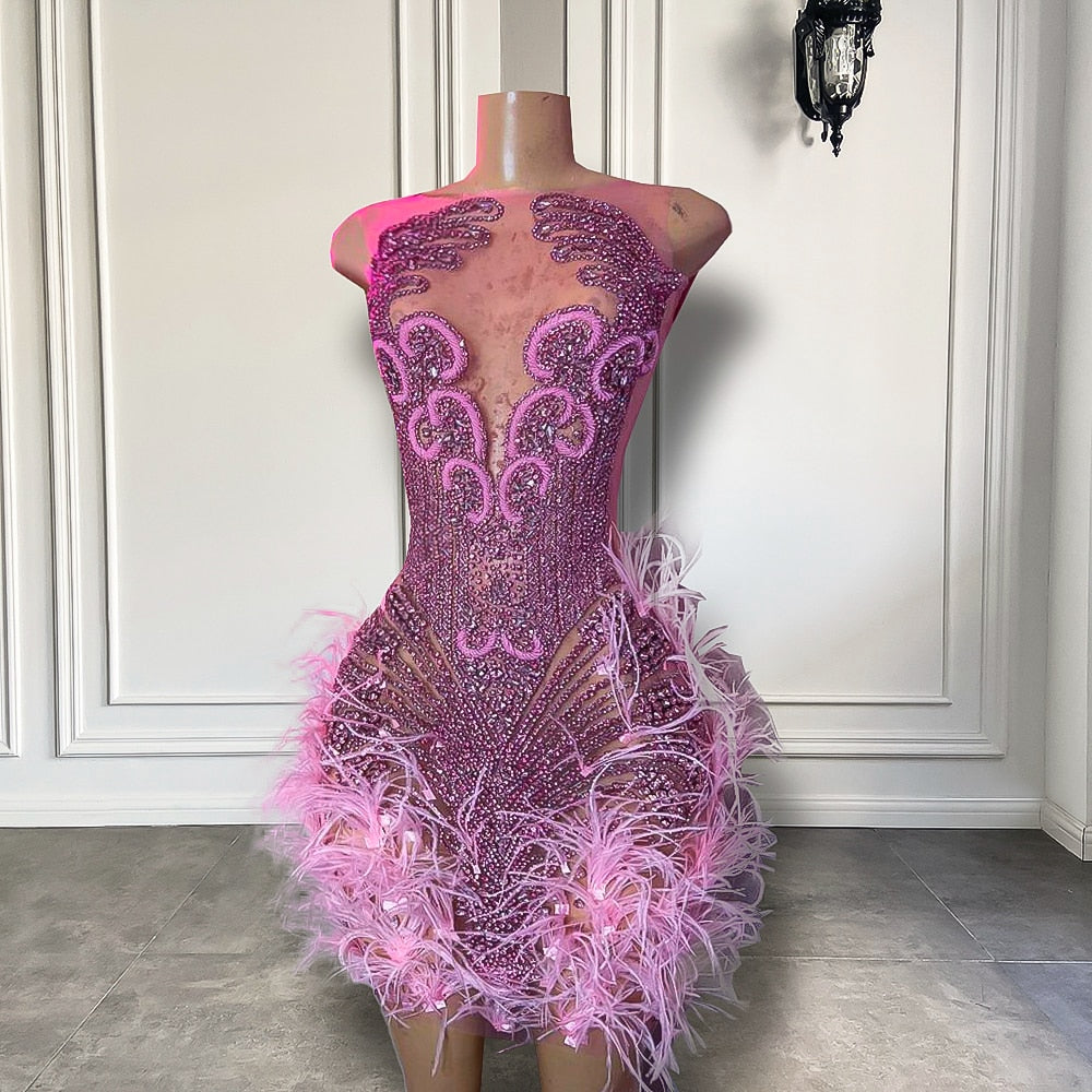 maoxiangshop Stunning Sparkly Luxury Diamond Women Birthday Party Cocktail Gowns Sexy Sheer Pink Feather Mini Short Prom Dresses
