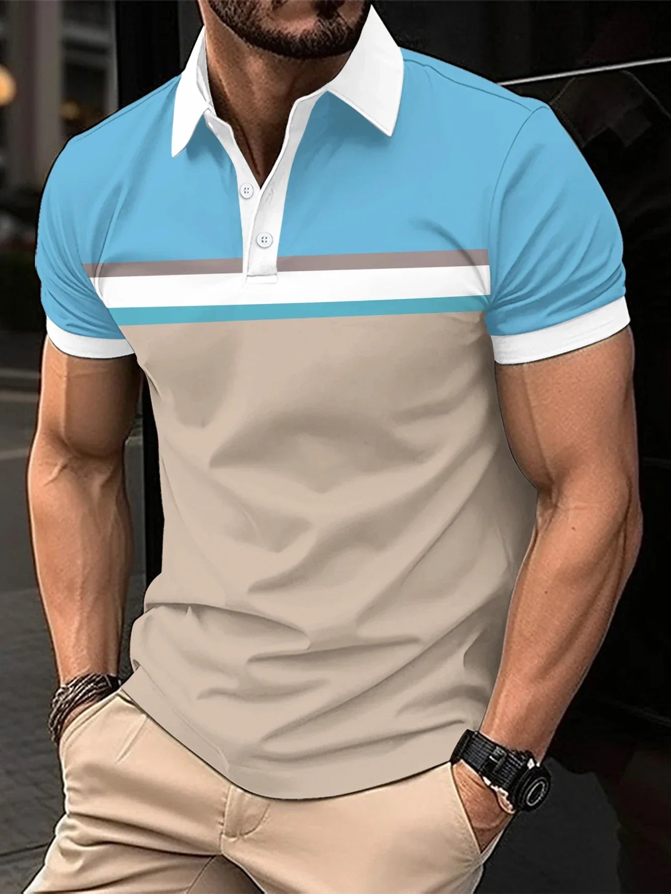 maoxiangshop 2024 Summer Best-Selling Men's Polo Shirt Lapel Printed Men's Clothing Stripes Polo Shirt Casual Sports Men's Shirt