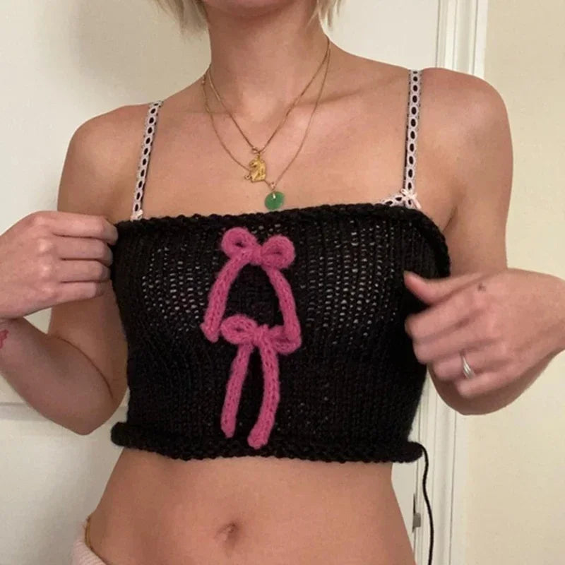 maoxiangshop - Y2K Cute Bow Knitted Crop Tops E-girl Kawaii Slim Fit Vest Fairycore Vintage Chic Women Backless Camis 00s Retro Streetwear