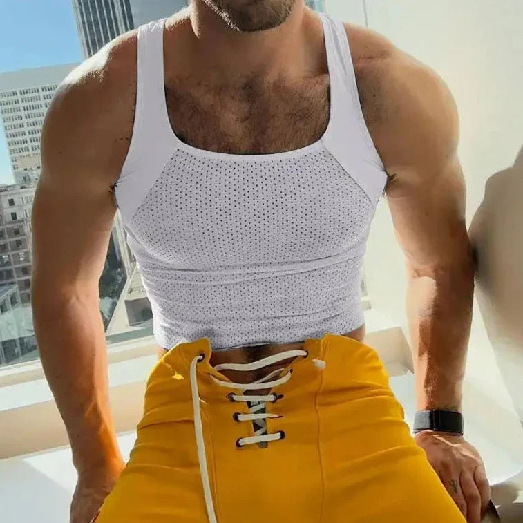 maoxiangshop 2024 Men Tank Tops Patchwork O-neck Sleeveless Skinny Male Vests Streetwear Hollow Out Summer Fashion Men Clothing S-5XL