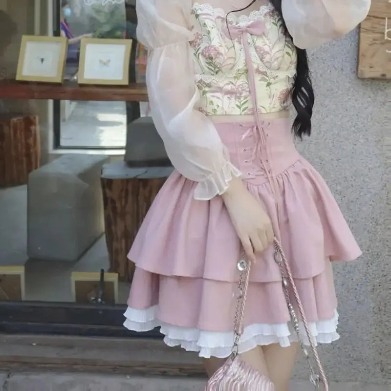 maoxiangshop Kawaii Mini Skirt korean style Women Sexy Gyaru Pink Bow Bandage High Waist Pleated Skirts Y2k Shorts Summer 2024 layered
