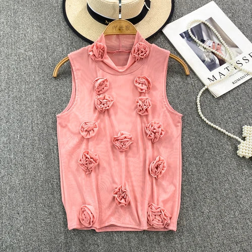 maoxiangshop American Chic Tank Top Women 3D Floral Mesh Sheer Stand Collar Sleeveless Female Crop Tops Streetwear Hot Camisole