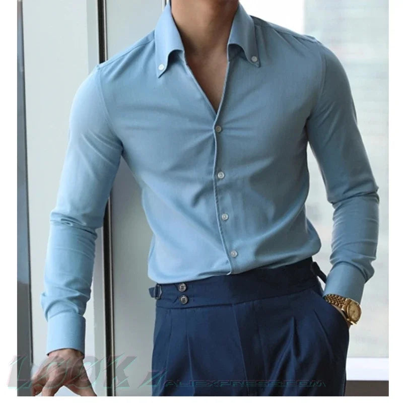maoxiangshop Men's Italian Collar Shirt, Wrinkle-free, Casual, Fashionable, Slim-fit with A Lapel Design, Branded Clothing, Youth, New