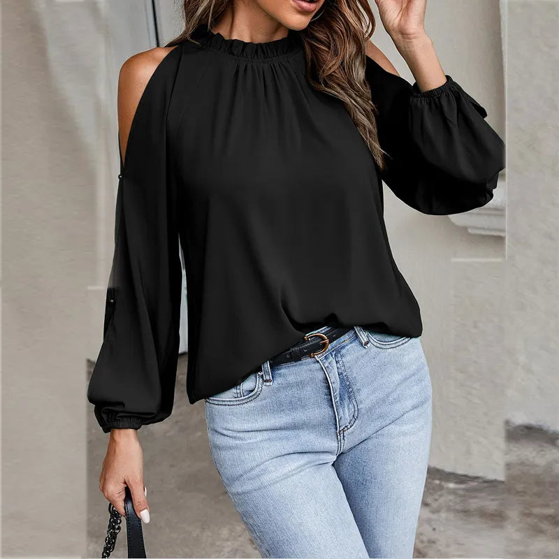 maoxiangshop Autumn and Winter New Women's Clean Color Lotus Leaf Round Neck Long Sleeve Pleated Off Shoulder Fashion Women's Top