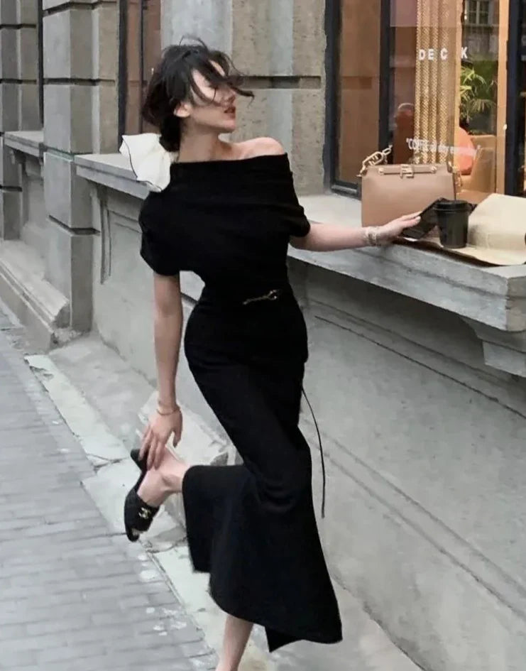 Women Elegant Solid Long Dress Summer Fashion Off Shoulder Chic Bodycon Evening Party Dresses Korean One Piece Clothing 2024