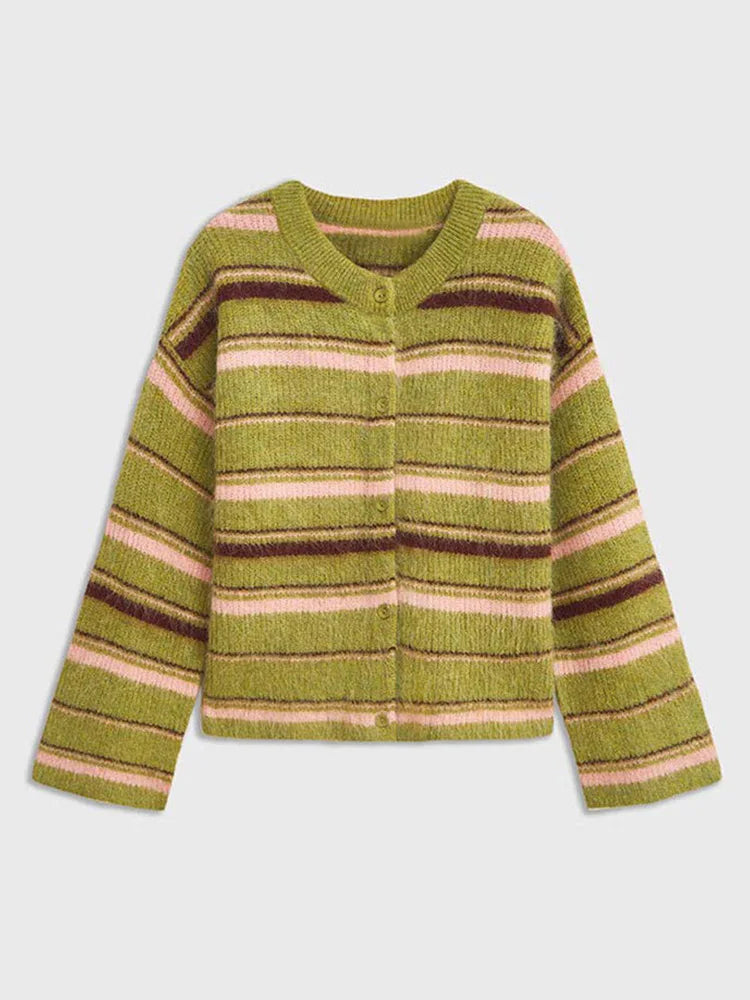 maoxiangshop - Elegant Stripe V Neck Women Sweater Single Breasted Loose Knitted Lady Cardigan 2024 Autumn Elegant Full Sleeve Female Coat