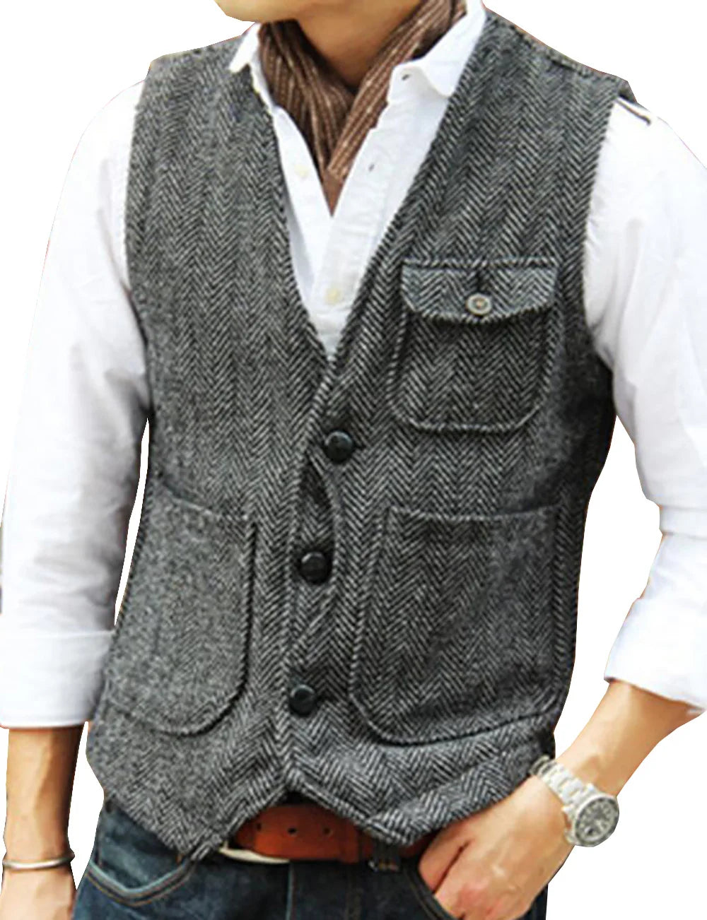 maoxiangshop Men's Vests Business Suit Vest Herringbone Tweed V Neck Formal Waistcoat For Wedding Suit Or Tuxedo Men Vest
