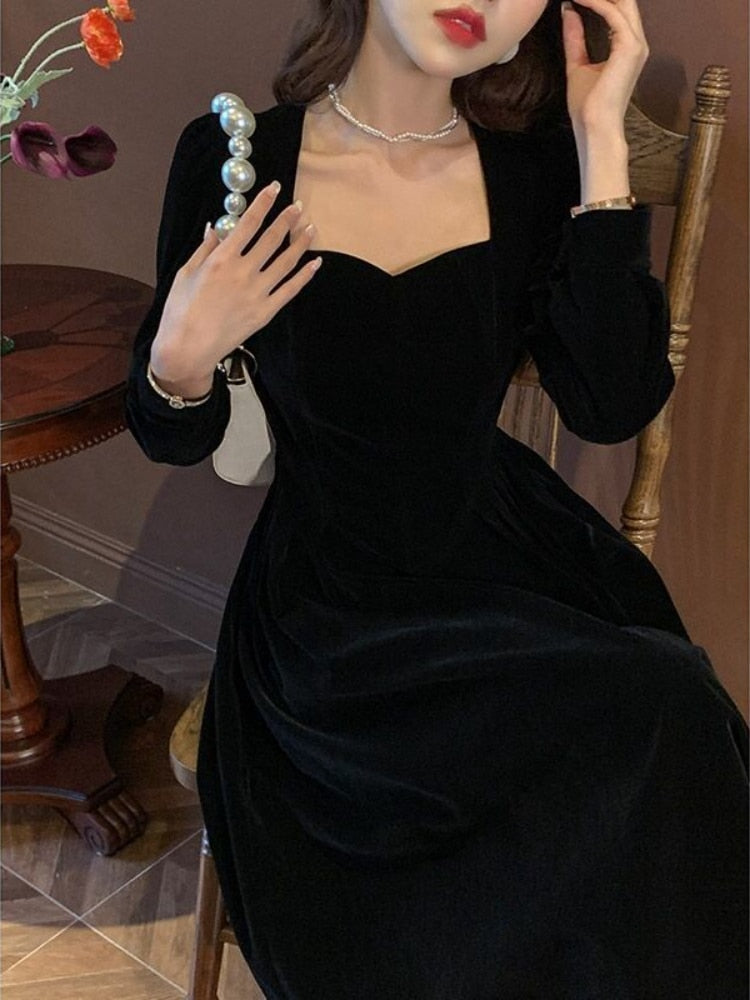 maoxiangshop Winter Black Velvet Dress Women France Vintage Party Dresses Long Evening Elegant One Piece Dress Korea Female Clothing New