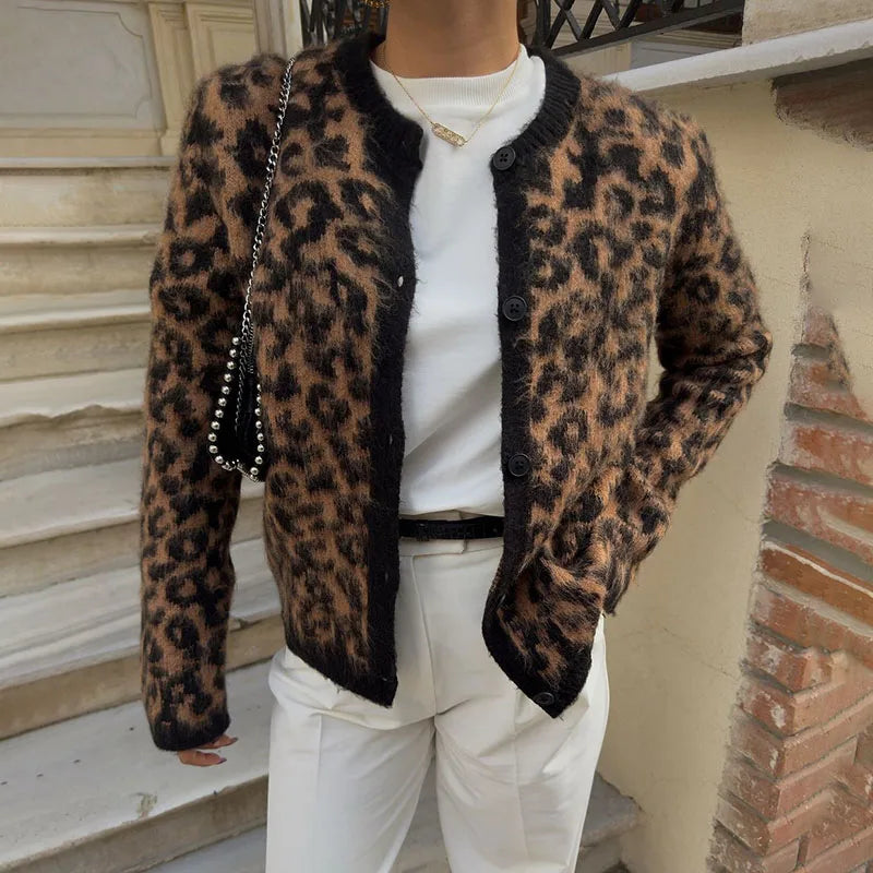 maoxiangshop - Fashion Lepard Knitted Sweater Cardigan For Women Loose Casual Long Sleeve Retro Single Breatted Sweater Autumn Outwear