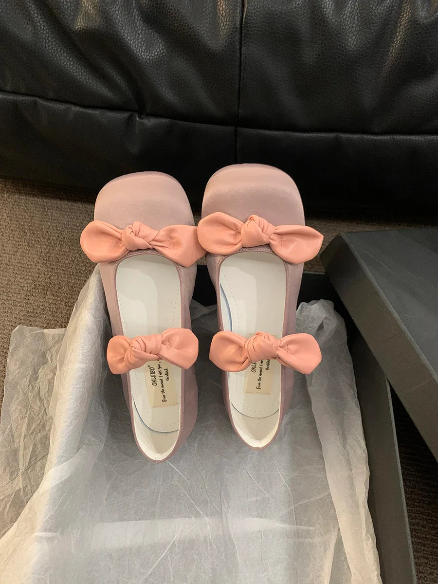 maoxiangshop - 2024 NEW Korean style Lolita Mary Jane Shoes Women's Shoes Square Toe Women's Shoes Two Bow Ballet Flats Spring/Autumn Flats