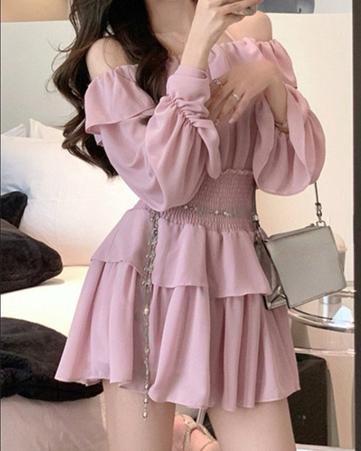 maoxiangshop Two Piece Sets Womens Outifits New Fashion Casual Long Sleeve Chiffon Tops Chic Solid High Waisted Mini Skirt Sets