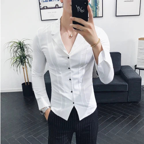 maoxiangshop Men Clothing High Quality Spring Long-Sleeved Shirts/Male V-neck Slim Fit Casual Business Dress Shirts Plus Size S-4XL