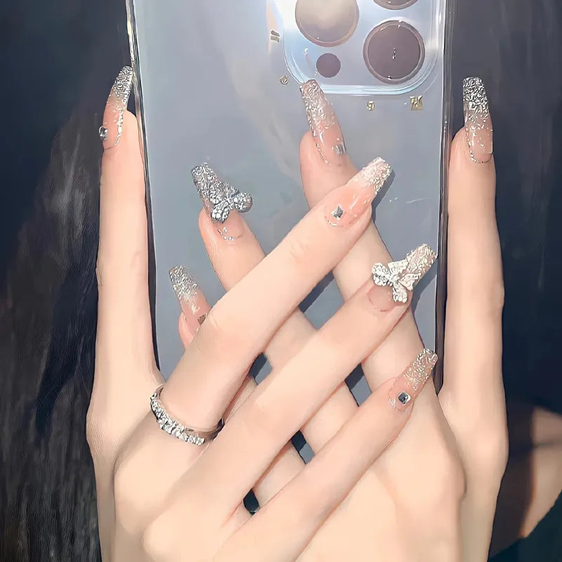 maoxiangshop 24pcs Wearable Pink Press On Fake Nails Tips With Glue false nails design Butterfly Lovely Girl false nails With Wearing Tools