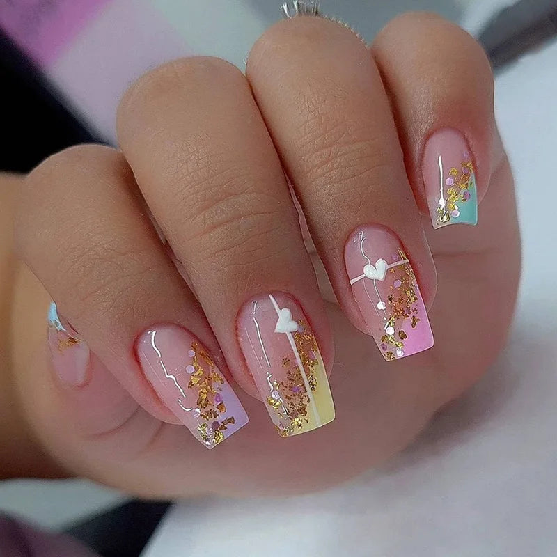 maoxiangshop 24Pcs Long Square Head False Nails with Gold Foil Design Wearable Black French Fake Nail Glitter Coffin Full Cover Press on Nail