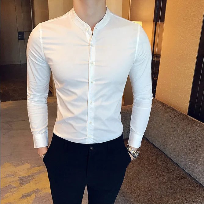 maoxiangshop Men Slim Fit Shirt Autumn Cotton Solid Stand Collar Casual Business Long-sleeved Shirts Male Fashion Camisas Men Clothing