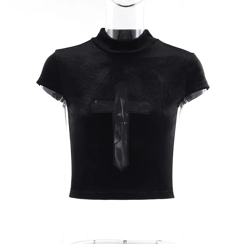 maoxiangshop-Goth Dark Cross Sheer Mall Gothic Women T-shirts Grunge Aesthetic Punk Sexy Emo Black Top Streetwear Fashion Alternative Clothes