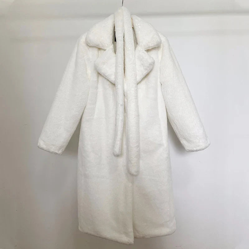 maoxiangshop - Luxury Winter Long Overcoats Women Oversized Lapel Belted Faux Rabbit Fur Coat Jacket Female Plus Size Outerwear Plush Fur Coats