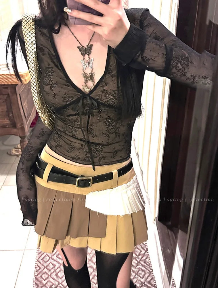 maoxiangshop Coquette Aesthetic Mesh T Shirts Women Vintage V Neck Lace Bow Cropped Tops Y2k Sexy Slim Fit Long Sleeve Tee Shirts