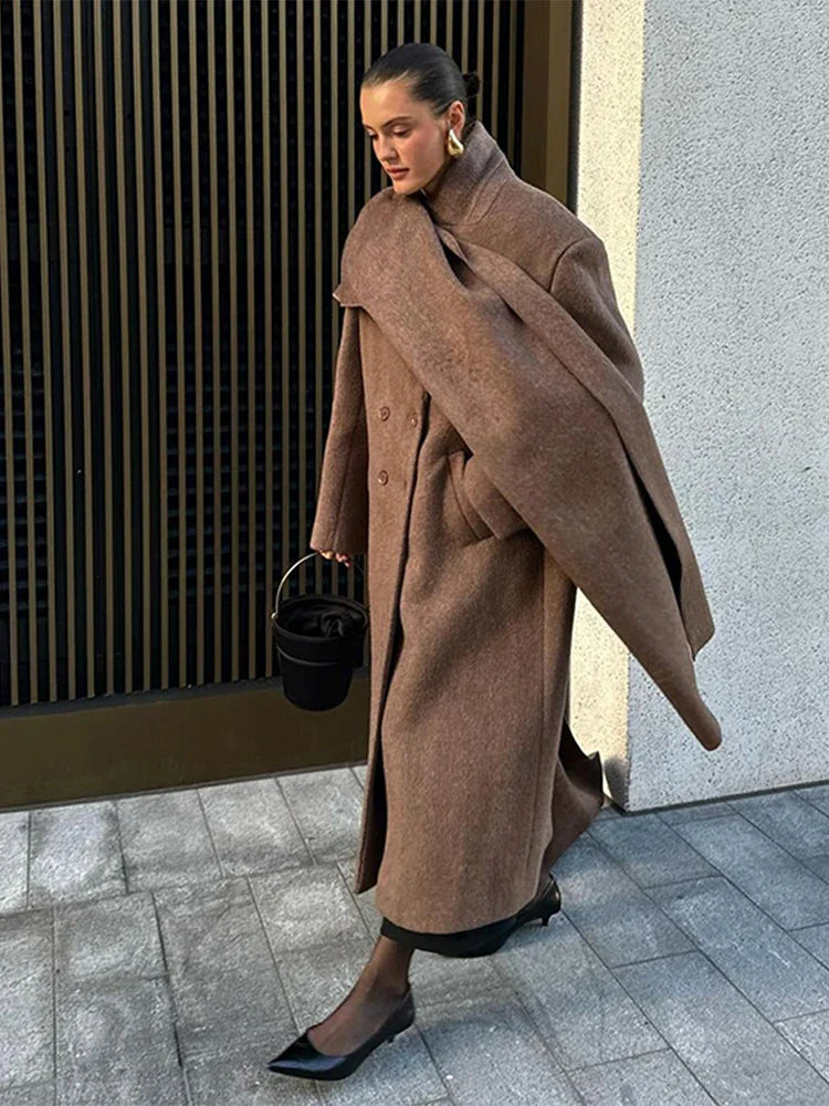 maoxiangshop - Brown Woolen Women Coats With Scarf Loose Full Sleeve Double Breasted Long Overcoat 2024 Autumn Lady High Street Outwear