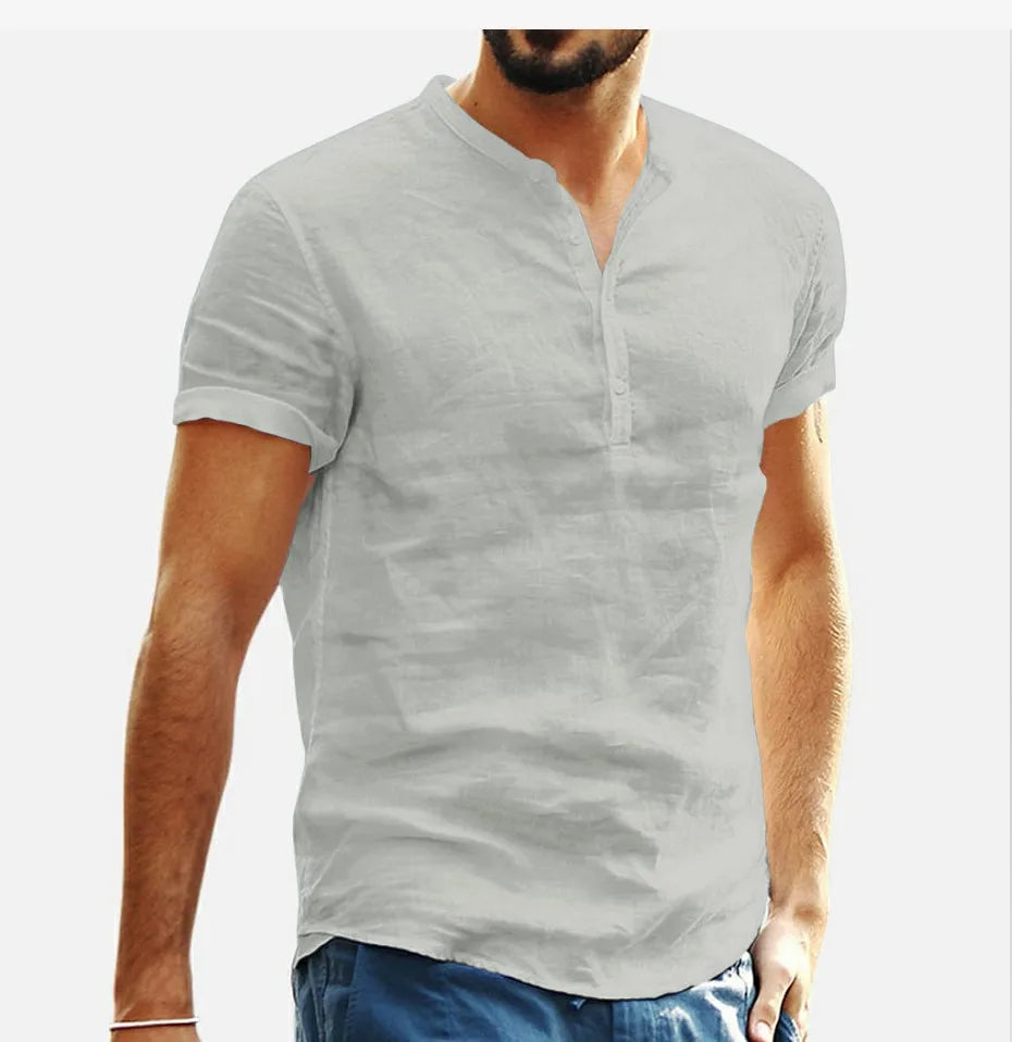maoxiangshop 2024 New Men's Standing Collar Cotton Linen Short Sleeved Shirt Men's Designer Clothes Popular Tops for Men