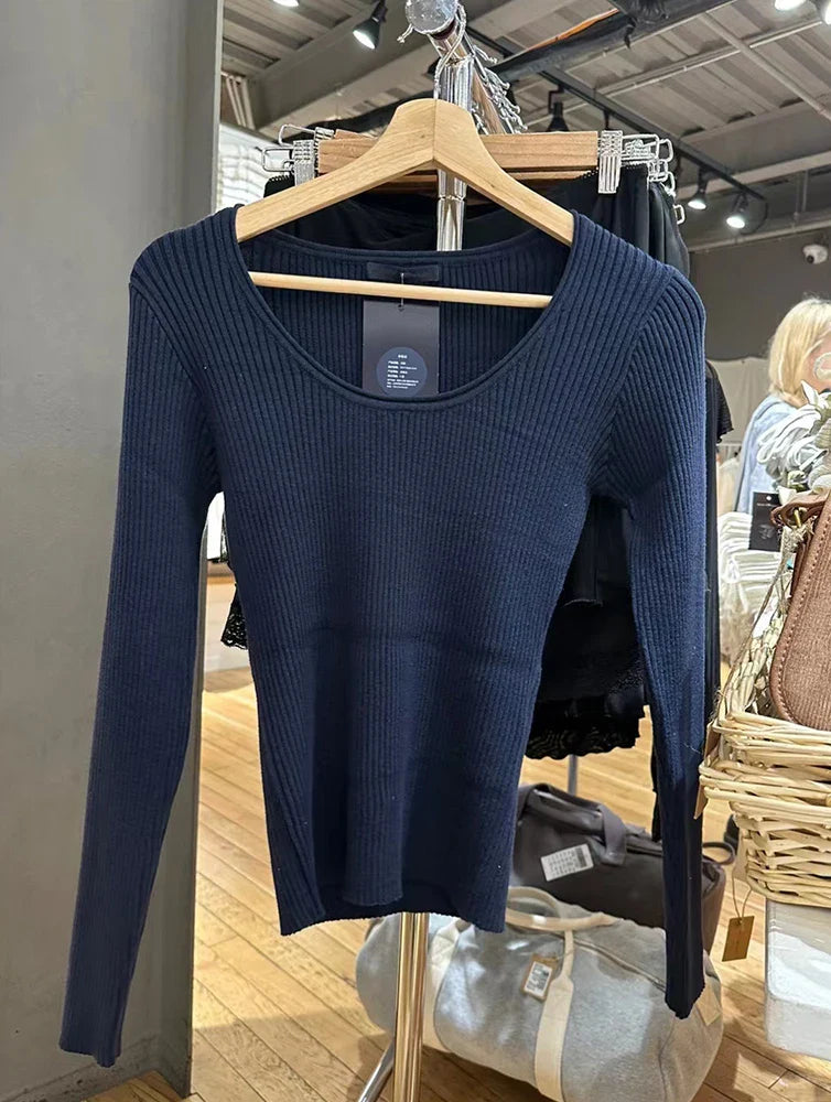 Basic Ribbed Crop Top for Women Solid Sexy U Neck Slim Cotton Long Sleeve Pullover Female Autumn Sweet Knitted Sweater Tops