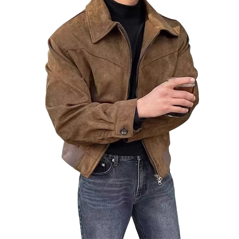 maoxiangshop Elegant Solid Brown Coat Men Spring Autumn High-End Loose Lapel New Zipper Short Jacket Vintage Streetwear Bomber Jacket
