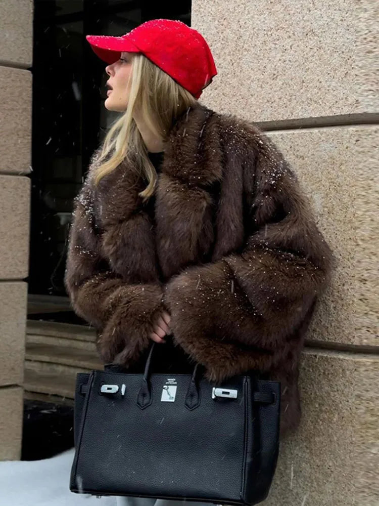 maoxiangshop - Solid Faux Fur Women Overcoat Lapel Thicken Warm Lady Jacket 2024 Fashion Elegant Autumn Winter All Match Loose Female Coat