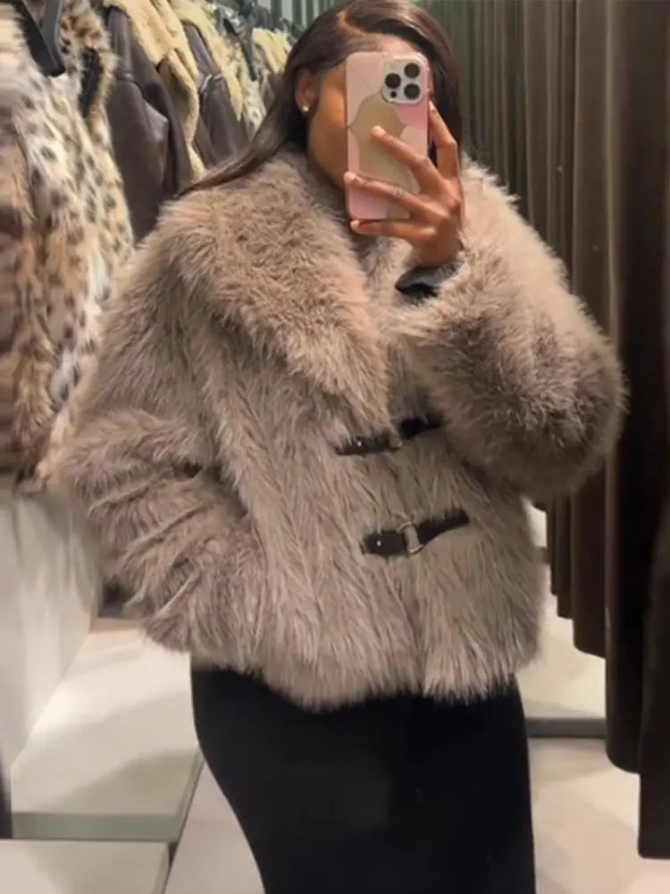 maoxiangshop - Vintage Faux Fur Button Coats Women Winter Loose Solid Plush Lapel Cost Female Autumn Warm Versatile High Street Outwear