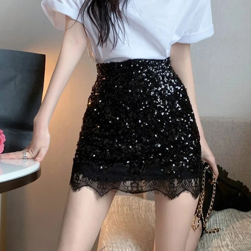 maoxiangshop Sexy Silver Sequin Skirt Woman Lace Patchwork High Waist Mini Skirts for Women Shiny Party Night Club Dance Skirt Ladies