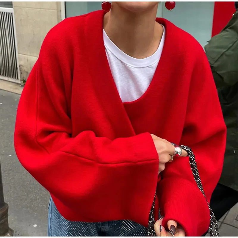 maoxiangshop - Loose Casual Red knitted Sweater Female 2024 Fashion Autumn Winter Long Sleeve Pullovers V Neck Splice Women's Solid Top