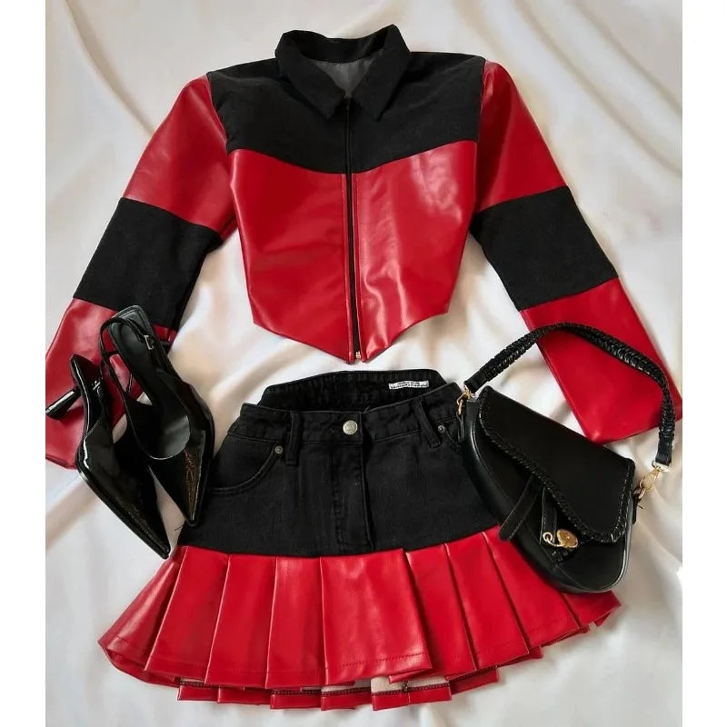maoxiangshop - Y2K Gothic Fashion Skirts Womens Two Piece Leather Patchwork Denim Patchwork women Clothes Zipper Mini Denim Slim Fit Mini Skirt
