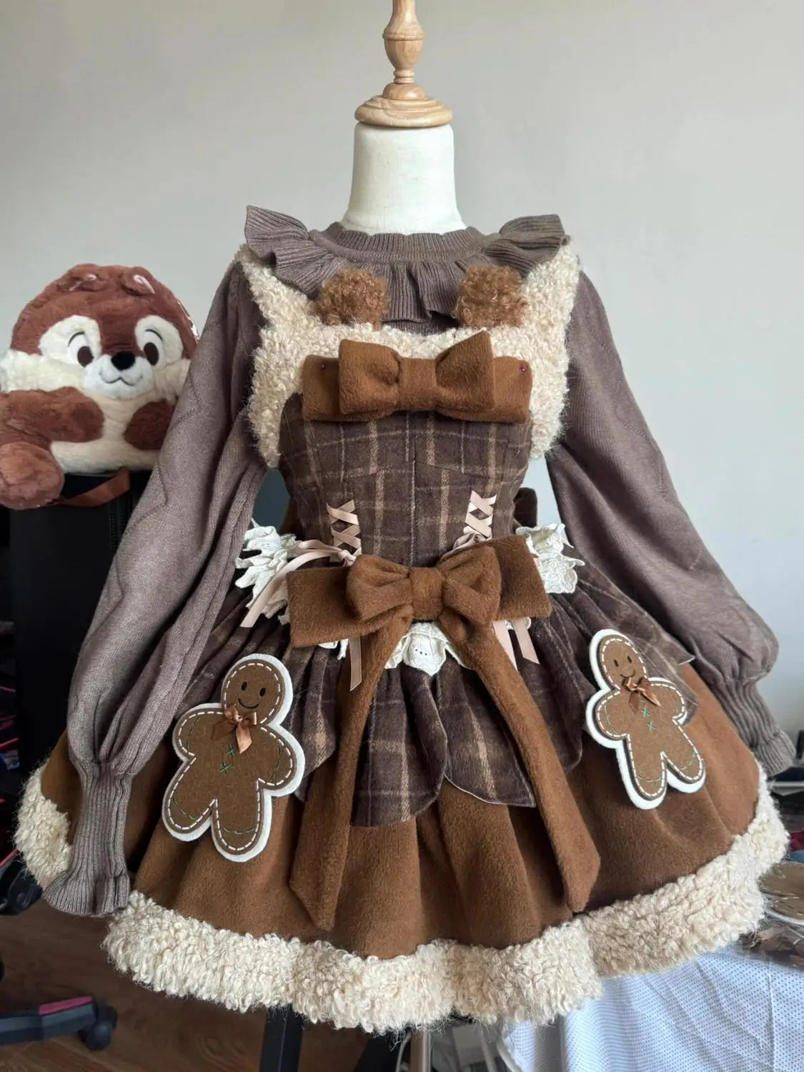 maoxiangshop - New Sweet Cute Lolita Dress Set for Women Autumn/Winter Spliced Plaid Strap Mini Dress Cloak Coat Two Piece Set Women Outfits