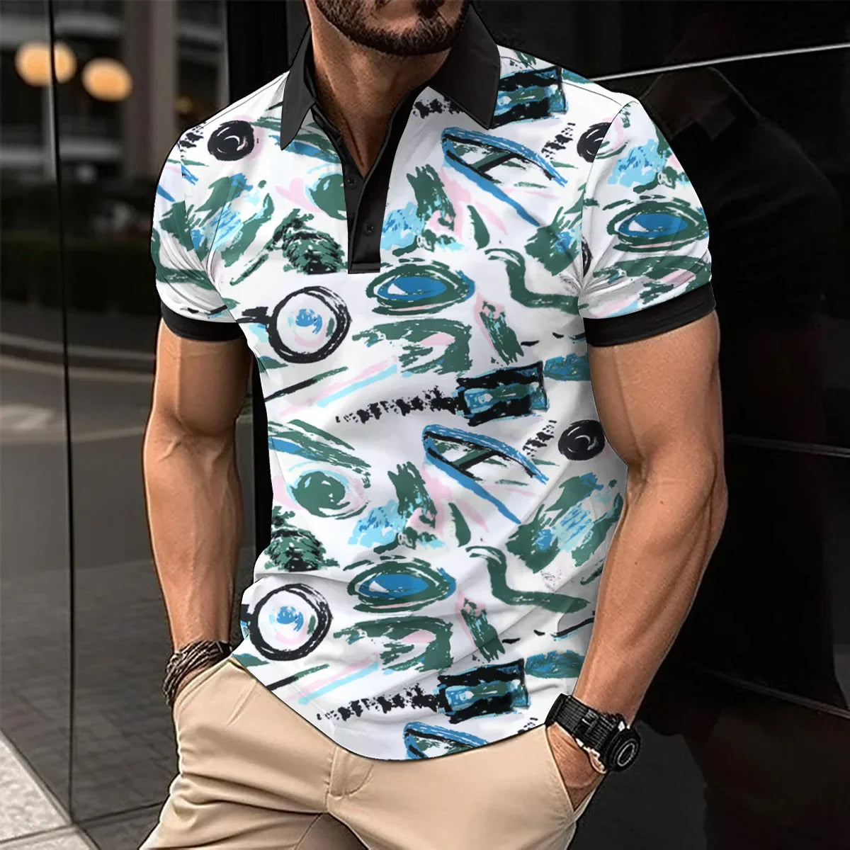 maoxiangshop 2024 Summer Best-Selling Men's Polo Shirt Lapel Printed Men's Clothing Stripes Polo Shirt Casual Sports Men's Shirt