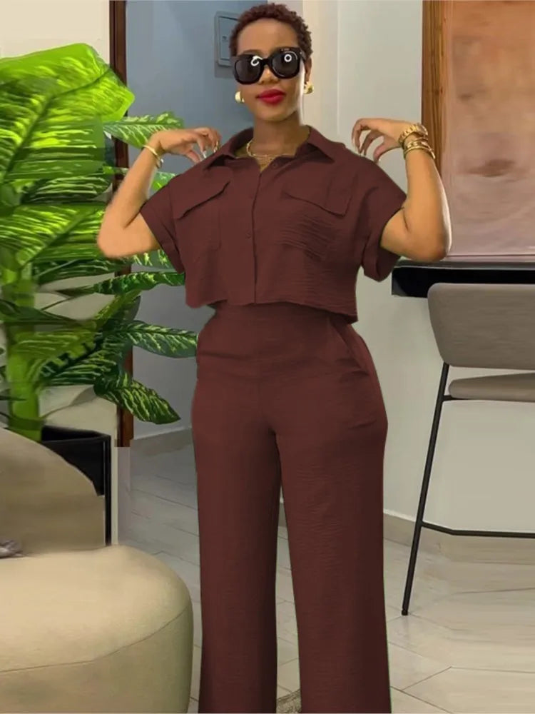 maoxiangshop Women's Two Piece Sets Spring Summer Casual Solid Turn-down Neck Short Sleeve Loose Top & Wide Leg Pants Set Streetwear Outfits